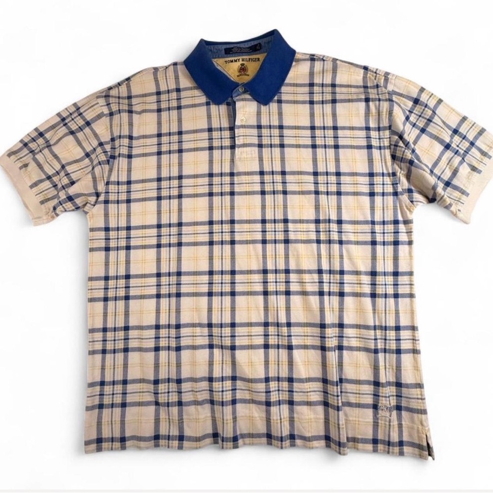 Vintage Tommy Hilfiger Men’s Plaid Polo Size XL- Blue And Yellow- Crested Logo